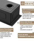 Image illustrating features of a black quartz undermount bar sink, focusing on anti-condensation, sound dampening, and durability.