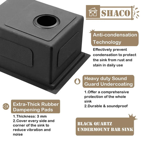 Image illustrating features of a black quartz undermount bar sink, focusing on anti-condensation, sound dampening, and durability.