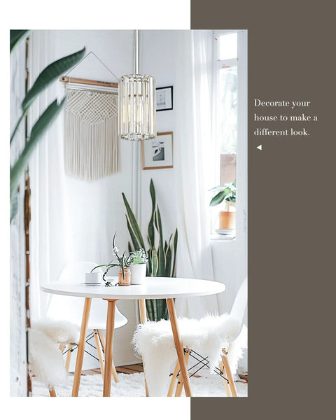 Crystal Chandelier 4-Tier Modern Pendant Light With Polished Chrome Finish above dining table with plants and macrame decor
