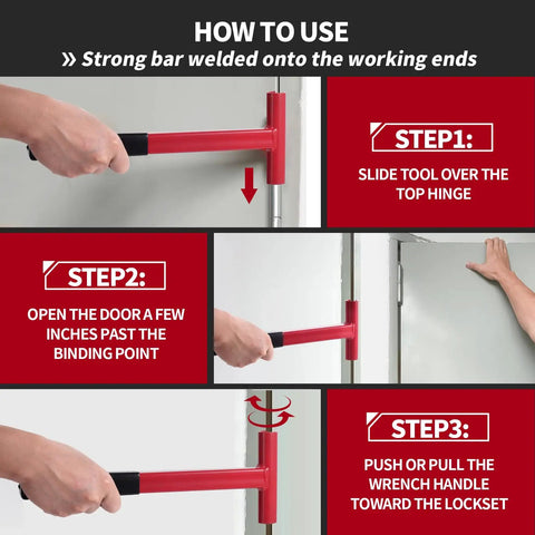 Long Handle Hinge Bender Wrench For 134 Gauge Commercial Doors With Rubber Grip Heavy Duty Painted Steel Hinges Wrench Fast Sag Fix And Misalignment Adjustment Tool For Easy Door Maintenance, shown in use on door hinge.