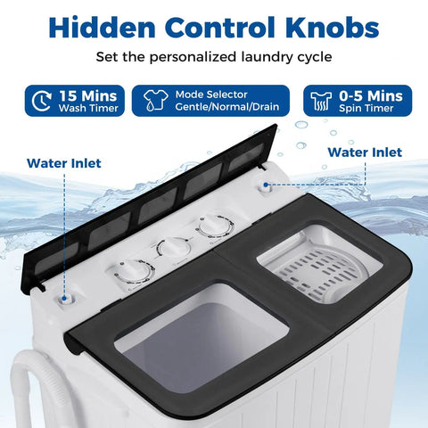 Compact Twin Tub Portable Washing Machine Featuring High Speed Drain Pump Quick Spin Dryer Combo controls and timers for personalized laundry cycles.