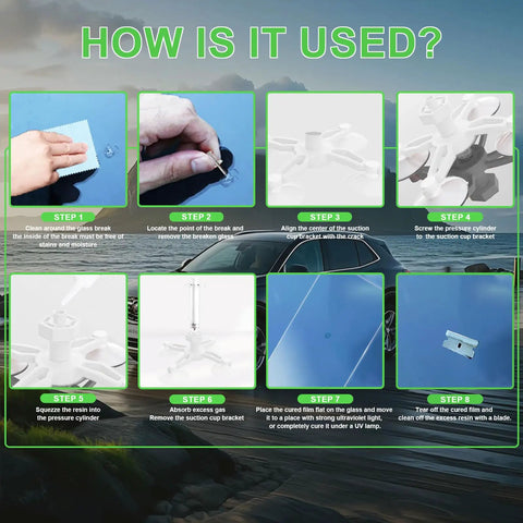 Instruction steps for using Fast Windshield Repair Kit For Cars With 20 Minute Cure No Tools Required Fix Glass Cracks And Chips At Home