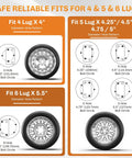 Diagram showing bolt patterns for Beefy Heavy Duty Spare Tire Carrier For Utility Boat Trailers, 4/5/6 lug, up to 5.5 inches