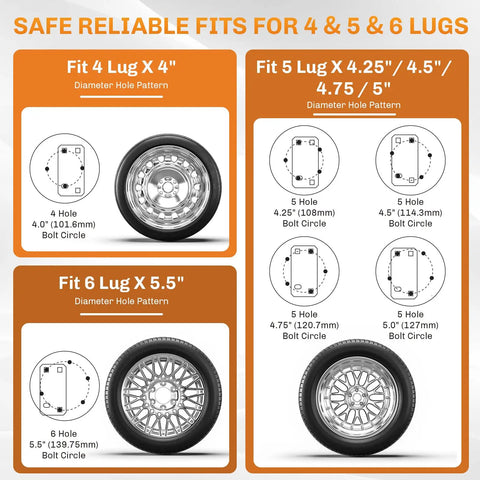 Diagram showing bolt patterns for Beefy Heavy Duty Spare Tire Carrier For Utility Boat Trailers, 4/5/6 lug, up to 5.5 inches