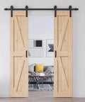 36 By 84 Inch Double Sliding Solid Wood Barn Door With 6.6 Foot Hardware Kit And Handle Included DIY Assembly Easy Install For Interior Rooms And Storage Closets K Frame Wood Door installed in living room.