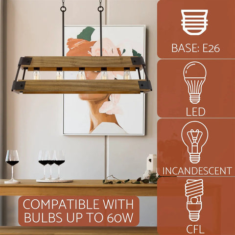 Rustic Modern Farmhouse Kitchen Island Light With Wood Panel Rectangular Frame 34 Inch Five Light Oil Rubbed Bronze Finish And Russet Oak Panels For Industrial Cozy Vibe