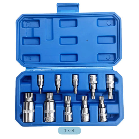 Ten Piece Spline Socket Bit Set For Auto And Garage Work, blue case, chrome steel sockets in various sizes M4 to M18