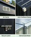 Features of Beefy Heavy-Duty Metal Outdoor Storage Shed With Sloped Roof; air vents, anti-collision corners, secure latch, galvanized steel