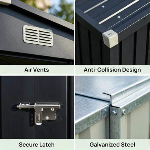 Features of Beefy Heavy-Duty Metal Outdoor Storage Shed With Sloped Roof; air vents, anti-collision corners, secure latch, galvanized steel