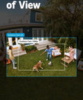 Wide view of yard with Tough As Nails Outdoor Security Camera With Long Lasting Battery And Hella Clear Retinal 2K Video featuring people and a dog.