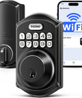 Slick Wifi Smart Deadbolt Solid Keyless Entry Door Lock Matte Black with numeric keypad and phone app interface.