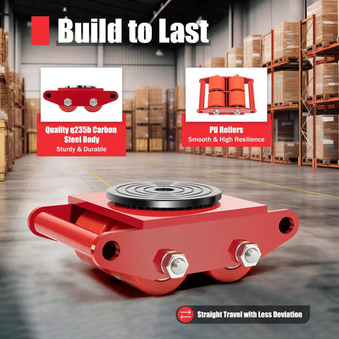Heavy Duty 4 Pc Machinery Mover Skates With Steering Handles showing Q235 carbon steel body and PU rollers for moving heavy loads.