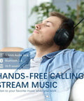 Person wearing AM FM Radio Headphones With Digital Display Dope Sound Noise Reduction Earmuffs Comfortable Hearing Protector Bluetooth 5.4 Built In Microphone For Hands Free Calls outdoors.