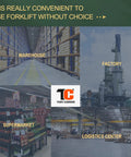 Warehouse, factory, supermarket, and logistics center collage with Tory Carrier logo, emphasizing workplace versatility.