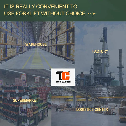 Warehouse, factory, supermarket, and logistics center collage with Tory Carrier logo, emphasizing workplace versatility.