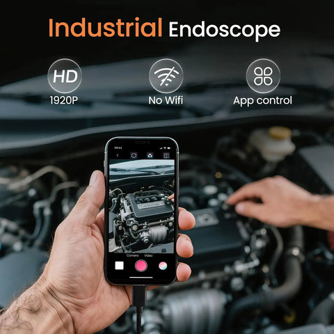 HD Endoscope Camera With Light 1920P Borescope in use with smartphone for car engine inspection