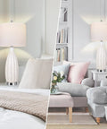 27 Inch Ceramic Table Lamp Set Of 2 With USB Port 3 Color Temperature White Rattan Texture Lamps in Bedroom and Living Room