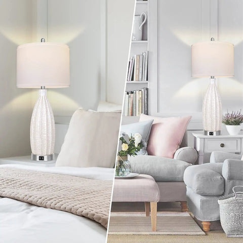 27 Inch Ceramic Table Lamp Set Of 2 With USB Port 3 Color Temperature White Rattan Texture Lamps in Bedroom and Living Room