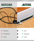 Before and after using 100 Pack 36 Inch White Zip Ties Heavy Duty Cable Ties for Indoor Outdoor Use Perfect for Binding Fences Awnings Tying Branches and Bundling Crops Great for Yardwork and Projects Around the Home and Farm, showing organized cables on a wooden floor.