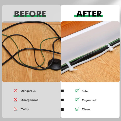 Before and after using 100 Pack 36 Inch White Zip Ties Heavy Duty Cable Ties for Indoor Outdoor Use Perfect for Binding Fences Awnings Tying Branches and Bundling Crops Great for Yardwork and Projects Around the Home and Farm, showing organized cables on a wooden floor.