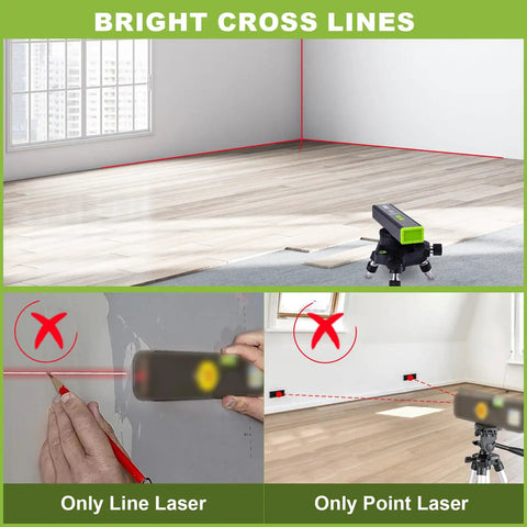 Multipurpose Laser Level With 15 Feet Cross Line And Magnetic Ninety And One Hundred Eighty Degree Bubbles Torpedo Level showing bright cross lines on floor and wall for DIY home renovation.