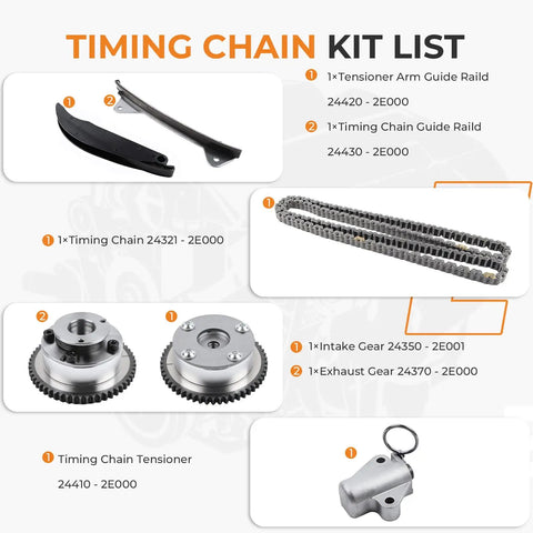 All In One Engine Timing Chain Kit With Intake And Exhaust VVT Gear Sprocket components displayed with numbers and descriptions