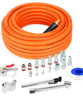 20-Piece Pro Grade Air Compressor Accessory Kit with 50 Foot Hybrid Hose, One Quarter Inch NPT Quick Connect Fittings displayed.
