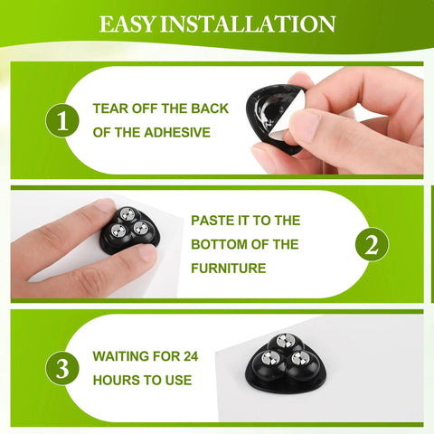 Installation steps for Self Adhesive Appliance Sliders 8 Pack, demonstrating adhesive backing and placement on furniture.