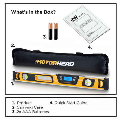 24 Inch Digital Level 0 To 180 Degrees With Large LCD Readout And Audible Alerts, carry bag, batteries, quick start guide