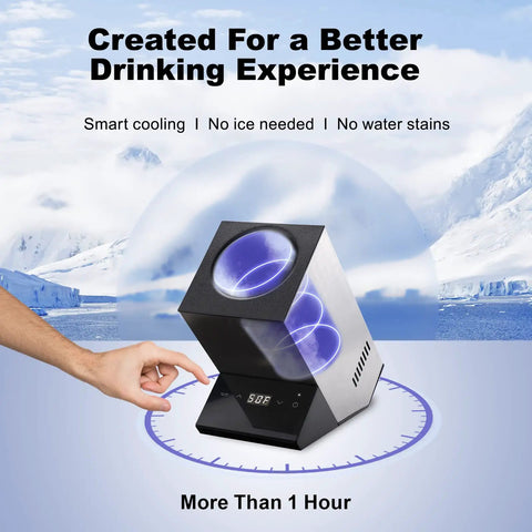 Single Bottle Wine Chiller For 750ml Bottles Iceless Stainless Steel Cooler with digital display in icy backdrop