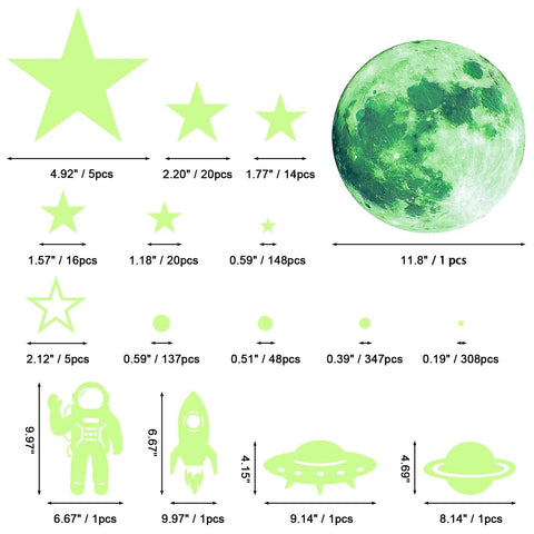 1078 piece Glow In The Dark Stars And Planets Ceiling Wall Decor Kit With Rockets And Astronauts size chart illustration