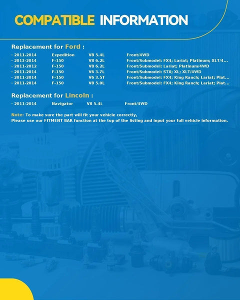 Compatibility information for Front Wheel Bearing Hub Assembly Replacement For 2011 To 2014 Ford F150 4WD, Expedition, Lincoln Navigator.