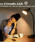 Woman reading by LED desk lamp with USB charger, three color temperatures, eye caring for office and bedroom, ten watt, adapter included.
