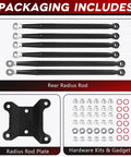 Packaging includes Can Am Maverick X3 Rear Radius Rods 64 Inch Heavy Duty Pre Adjusted Steel With Heim Joints High Clearance Offset