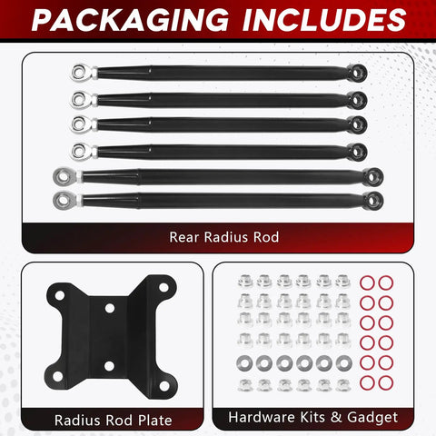 Packaging includes Can Am Maverick X3 Rear Radius Rods 64 Inch Heavy Duty Pre Adjusted Steel With Heim Joints High Clearance Offset