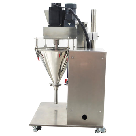 No Sweat Plug And Play Semi Automatic 10 To 200 Gram Powder Filler Machine with stainless steel construction and clear viewport.