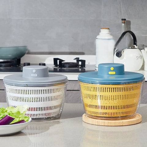 Massive 4L Electric Salad Spinner With Wireless Usb Charging Heavy Duty Veggie Dryer And Roomy Lettuce Bowl on countertop.