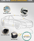 Diagram showing car highlighting drain holes with 120 Inch Auto Sunroof Drain Cleaning Tool With Flexible Steel Wire PVC Tube Brush