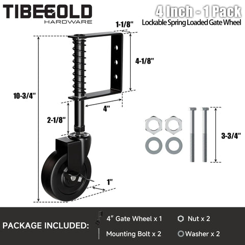 4 Inch Spring Loaded Gate Caster Wheel With Side Brake Heavy Duty Gate Wheel For Outdoor Fence Anti Sag 360 Degree Swivel 220 Lb Capacity Black 1 Pack with installation components