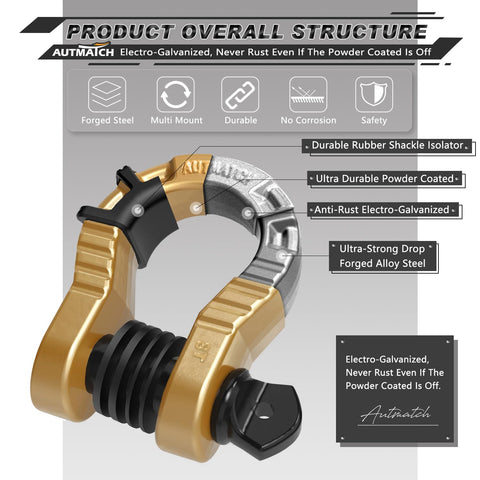 Product structure of Two Pack Three Quarters Inch Mega D Ring Shackles With Seven Eighths Inch Screw Pin Gold Finish