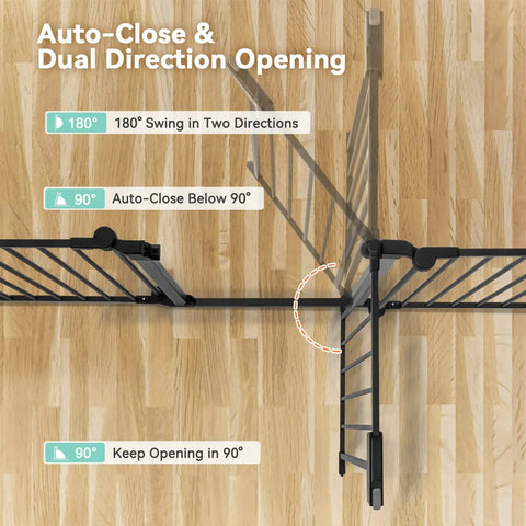 Top view of Ultra Wide Baby Gate And Pet Gate for Stairs and Doorways, 198 inch opening, 30 inch tall, 180-degree swing demo.