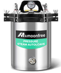 Front view of Mxmoonfree 12L portable stainless steel lab autoclave with clamp lid and pressure gauge.