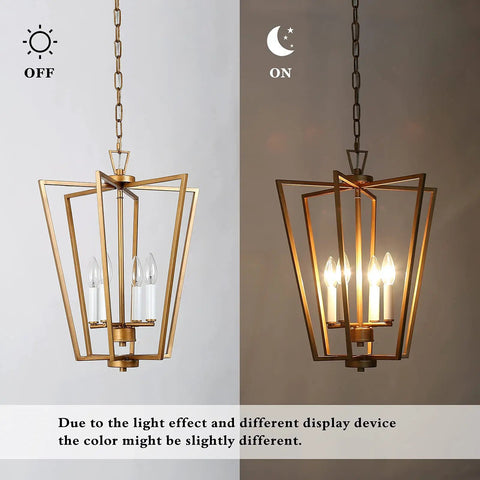 Gold Chandelier With Rotatable Geometric Frames, 4 Light Modern Lantern Pendant For Your Kitchen Island, Dining Room, Foyer And Entryway, Antique Brushed Gold Finish, Sixteen Point Two Inches Wide By Twenty Inches High