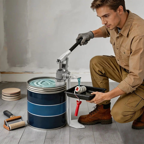 Man using Heavy Duty Manual Loading Pump For Thick Paste And Liquid Transfer With Long Handle for paint transfer from a drum.