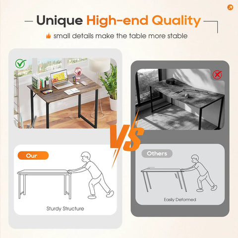 Comparison showing sturdy structure of Compact 32 Inch Computer Desk In Brown With Steel Frame and a deformed desk.