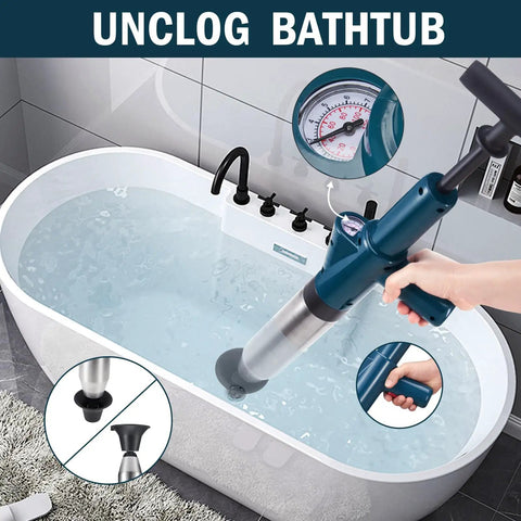 Heavy Duty High Pressure Air Plunger Kit Total Game Changer For Blocked Drains No Sweat Clog Knockout Tool in bathtub.