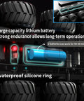 Underside view of Amphibious Remote Control Car With Waterproof Design 8WD Monster Truck showing battery and waterproof ring detail.