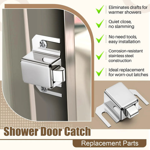 Sweet Upgrade Two Pack Silver Shower Door Latch Replacement with stainless steel construction mounted on a glass door.