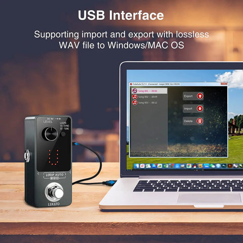 Guitar Looper Pedal For Electric Guitar And Bass With Sync Tuner LED Screen and laptop showing USB interface.