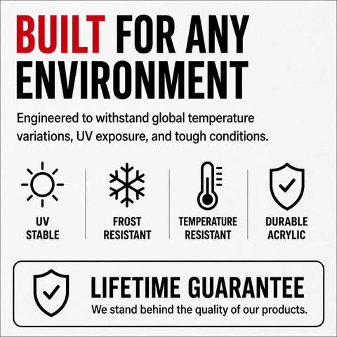 Clean Hidden Acrylic Standoff Mounts For Plexiglass Wall Signs With No Sweat Install Kit UV Stable Heavy Duty Clip In Holders 100 Pack infographic highlighting product durability and environment resistance.